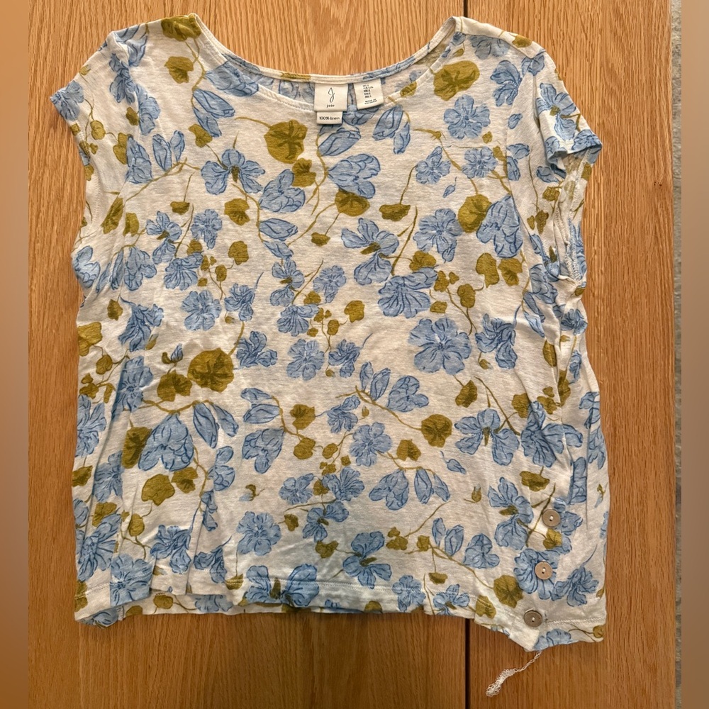 Joie Linen Floral Blouse Women’s Size L Blue Olive Print Short Sleeve Top